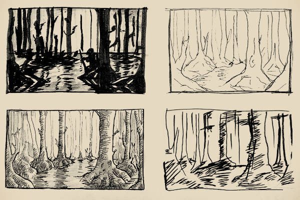 A page with 4 swampy forest sketches