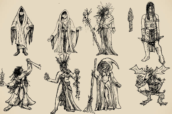 A page with 8 sketches of different witchy characters