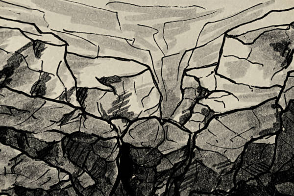 An ink drawing of a rocky landscape