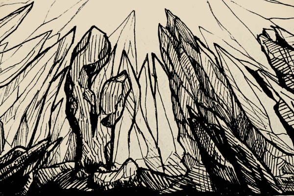 A drawing of sharp rocks surrounding a standing stone