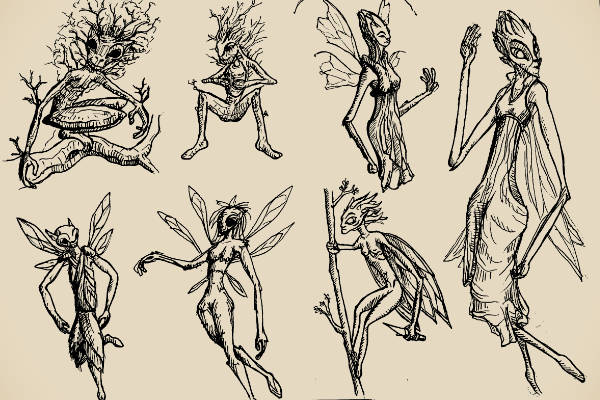 A page of pixie sketches